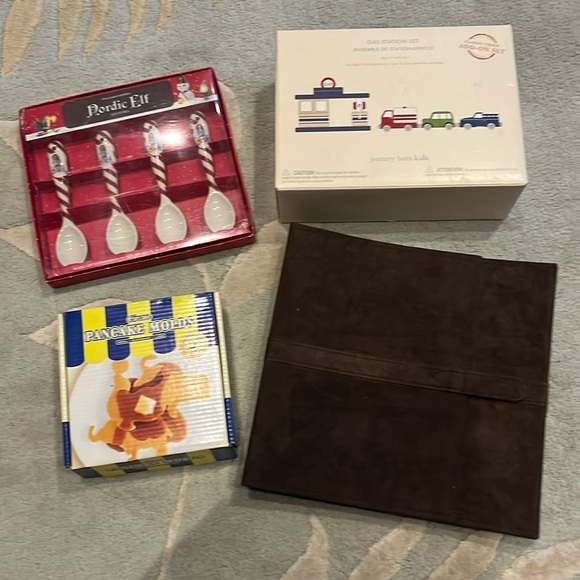 Pottery Barn CD storage Gas Station Set Holiday Stoneware Spoons Pancake Mold